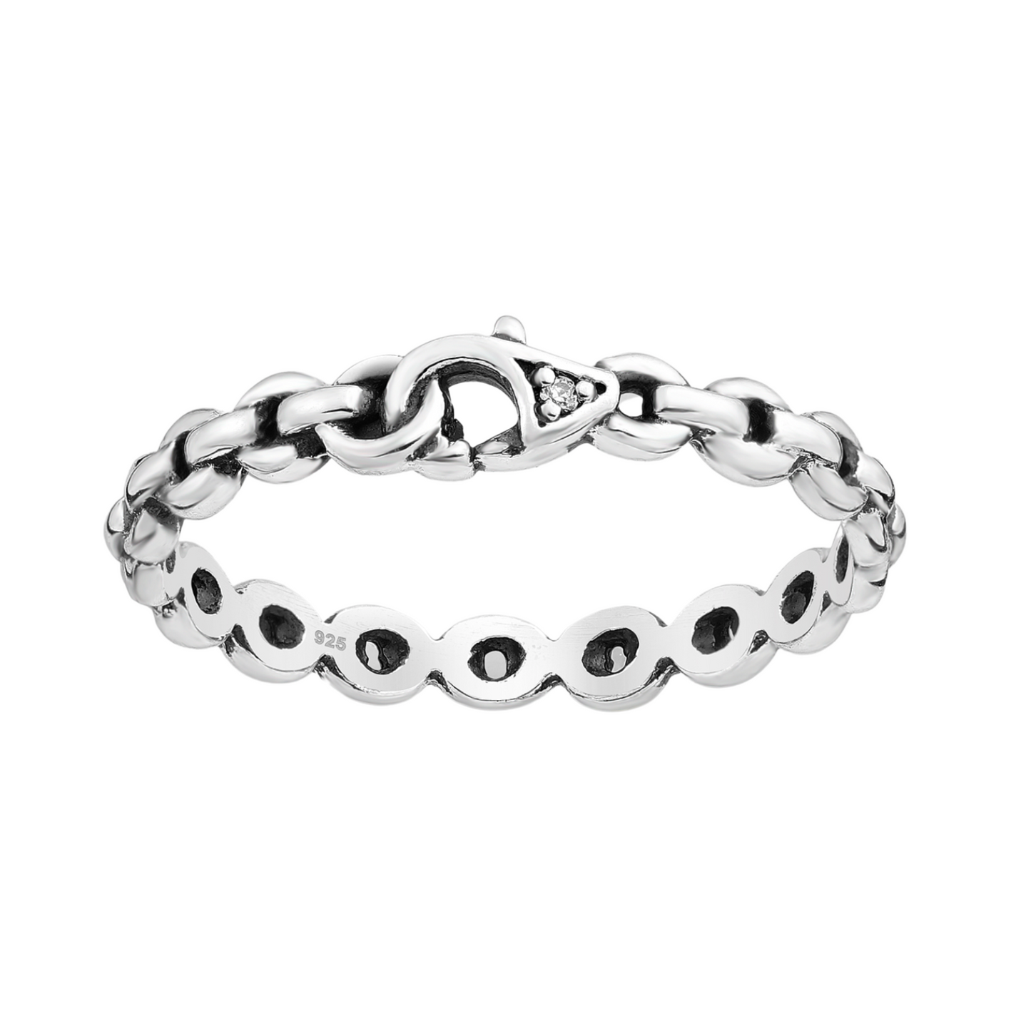 Cubic Zirconia & Sterling Silver Chain & Link Clasp Ring