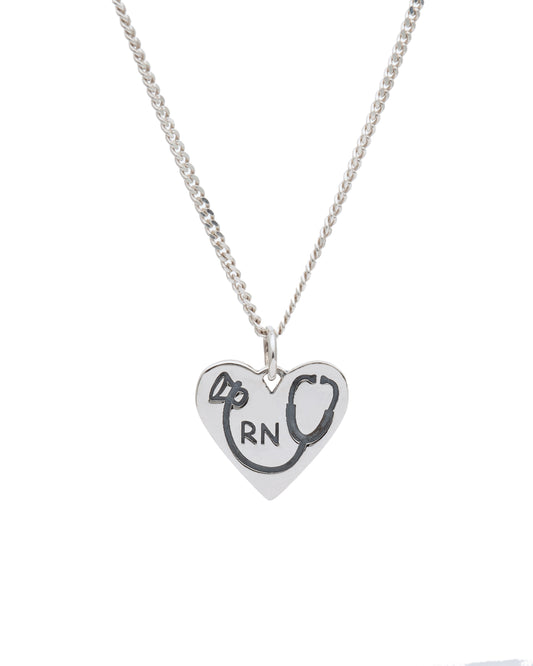 Sterling Silver 'RN' Heart & Stethoscope Pendant Necklace