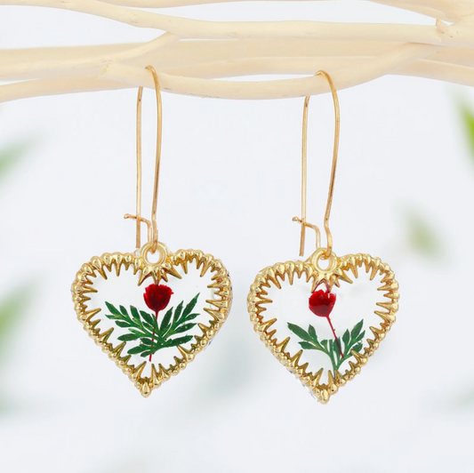 Goldtone Transparent Heart Shaped Floral Drop Earrings