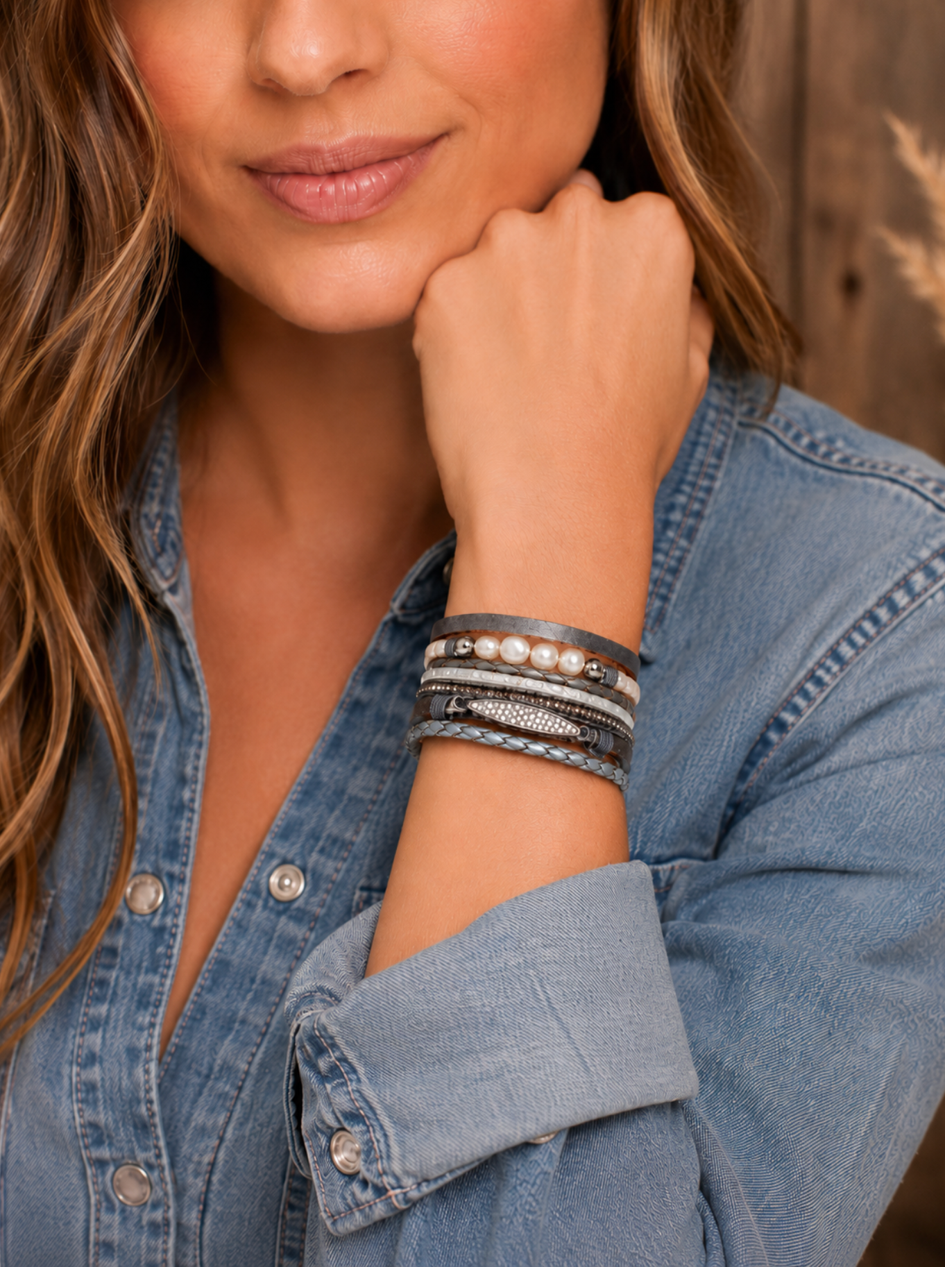 Faux Leather Grey Freshwater Pearl Multi Strand Bracelet