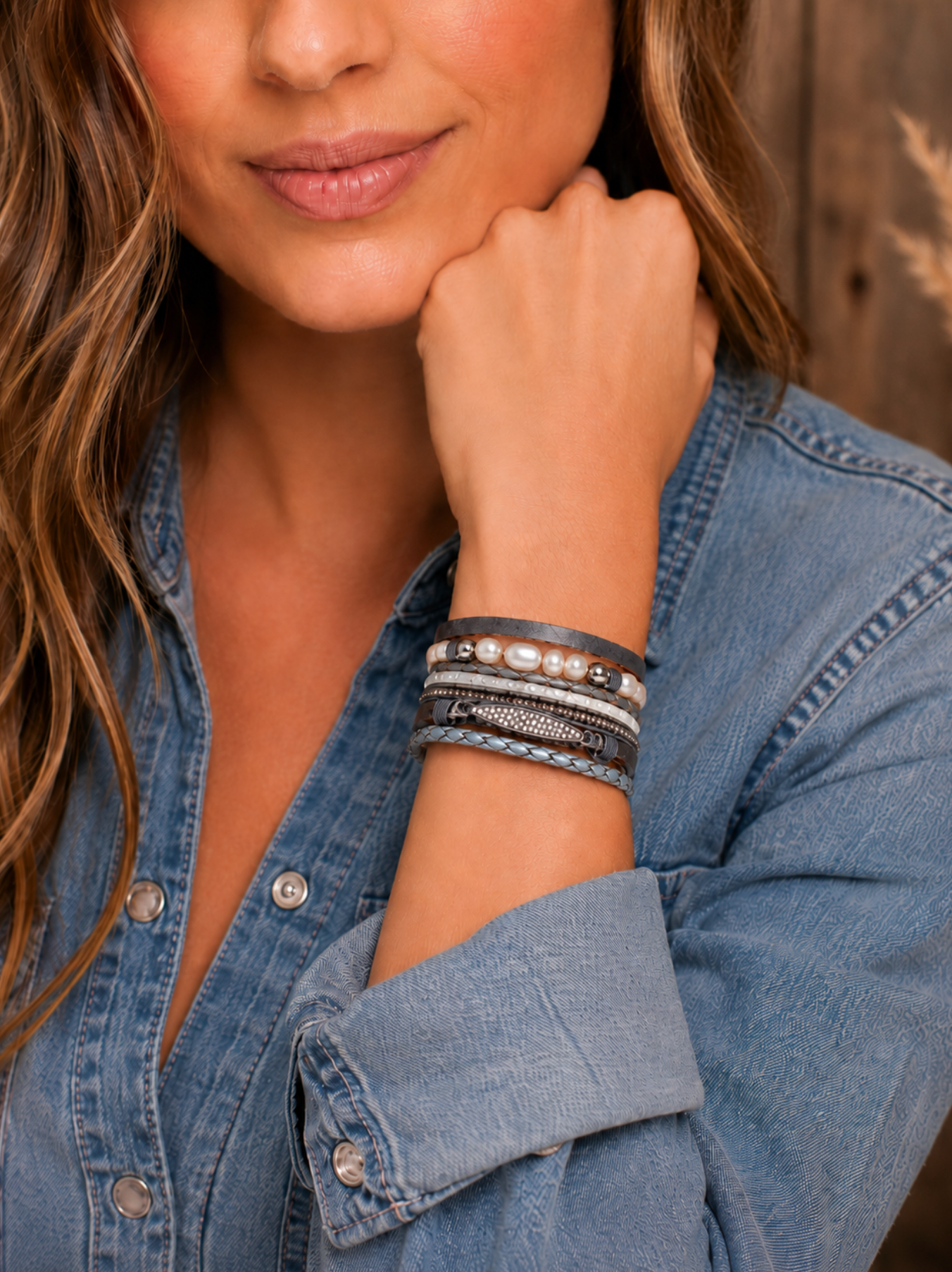 Faux Leather Grey Freshwater Pearl Multi Strand Bracelet