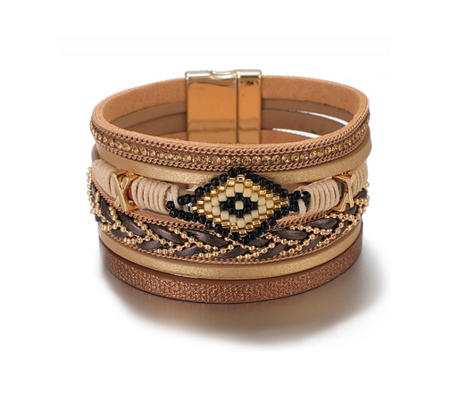 Tan Aztec Beaded Faux Leather Bracelet
