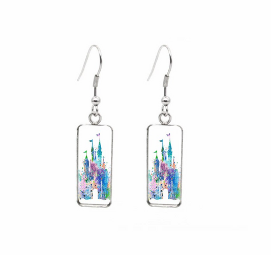 Multi Colored Castle Rectangular Drop Earrings