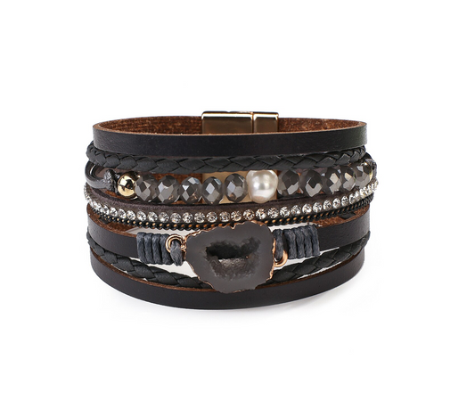 Black Faux Leather Bracelet With Agate Geode, Faceted Beads And Dainty Freshwater Pearl