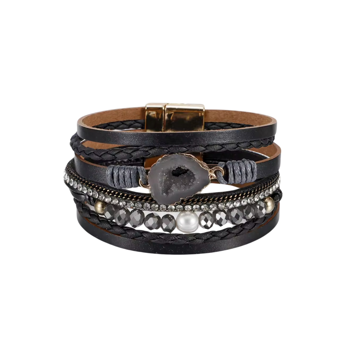 Black Faux Leather Bracelet With Agate Geode, Faceted Beads And Dainty Freshwater Pearl