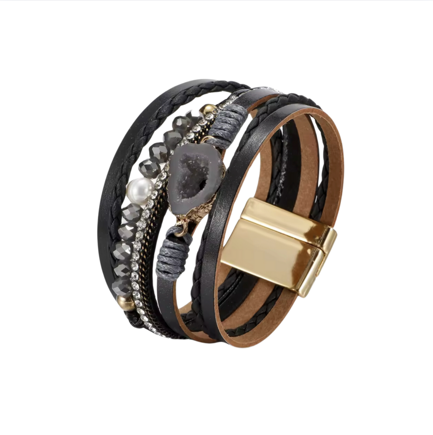 Black Faux Leather Bracelet With Agate Geode, Faceted Beads And Dainty Freshwater Pearl