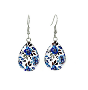 Blue & White Floral Teardrop Drop Earrings