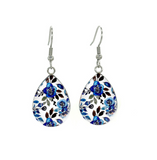 Blue & White Floral Teardrop Drop Earrings