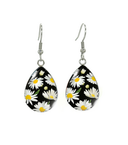Black & Daisy Flower Teardrop Drop Earrings
