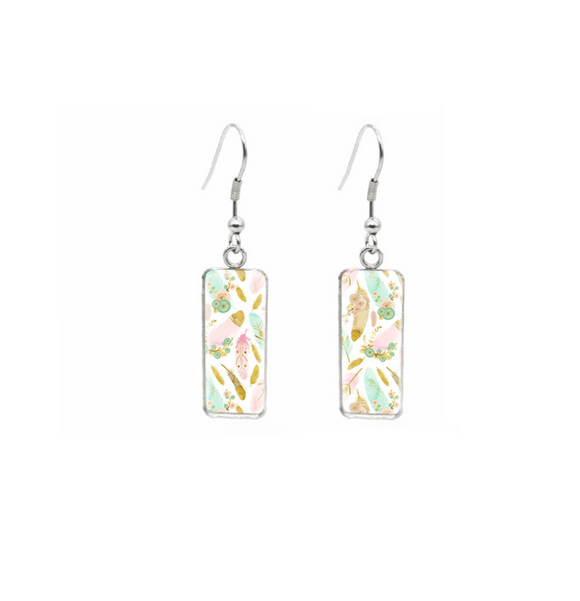 Gold & Pastel Colored Feather Rectangular Drop Earrings