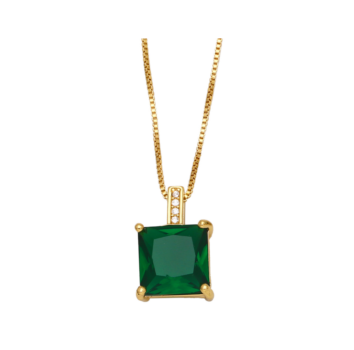 Goldtone & Emerald Green Cz Square Pendant Necklace