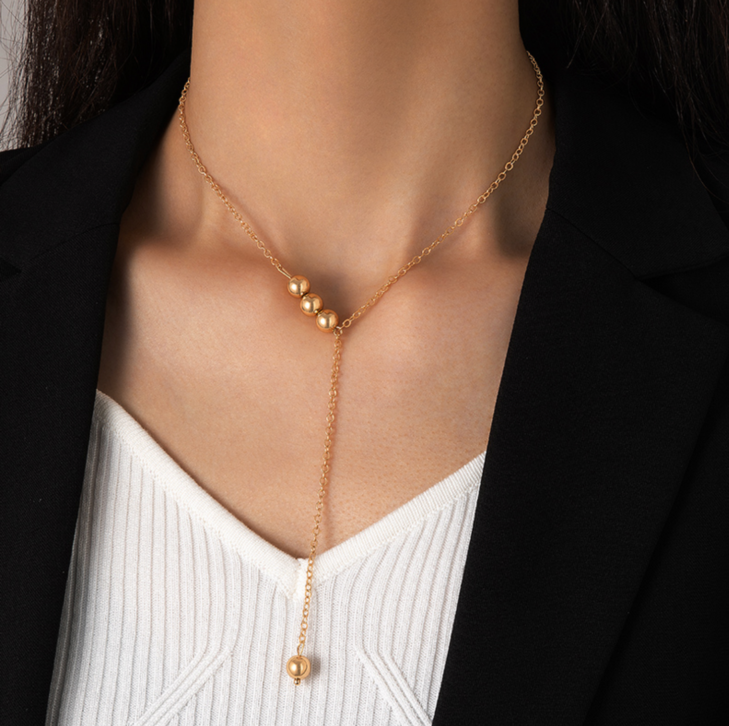 Goldtone Minimalist Ball Lariat Style Necklace