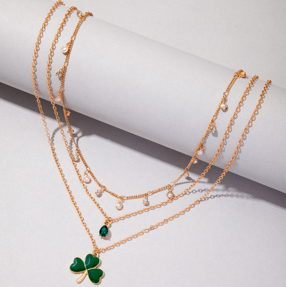 Goldtone & Imitation Pearllayered Green Shamrock Necklace