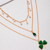 Goldtone & Imitation Pearllayered Green Shamrock Necklace