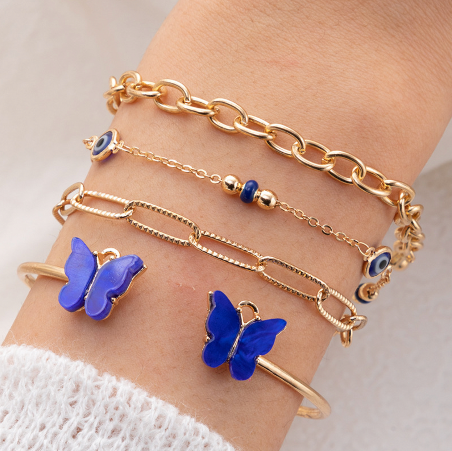 Goldtone Multi Layered Blue Butterfly Bracelet Set