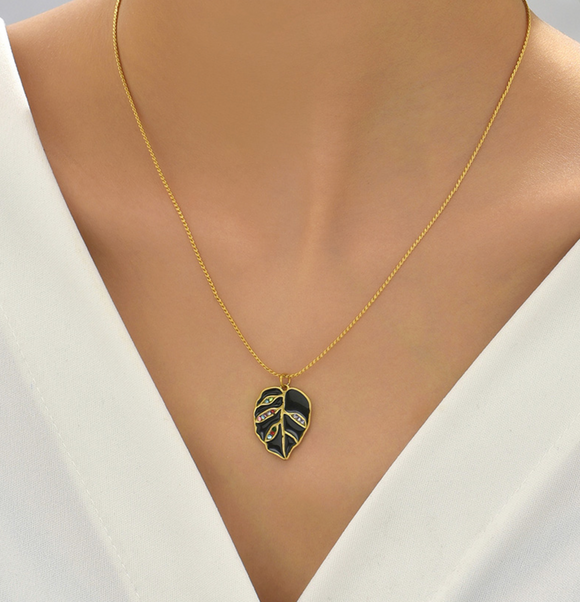 Goldtone Leaf Crystal Pendant Necklace