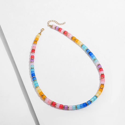 Goldtone & Rainbow Color Beaded Necklace