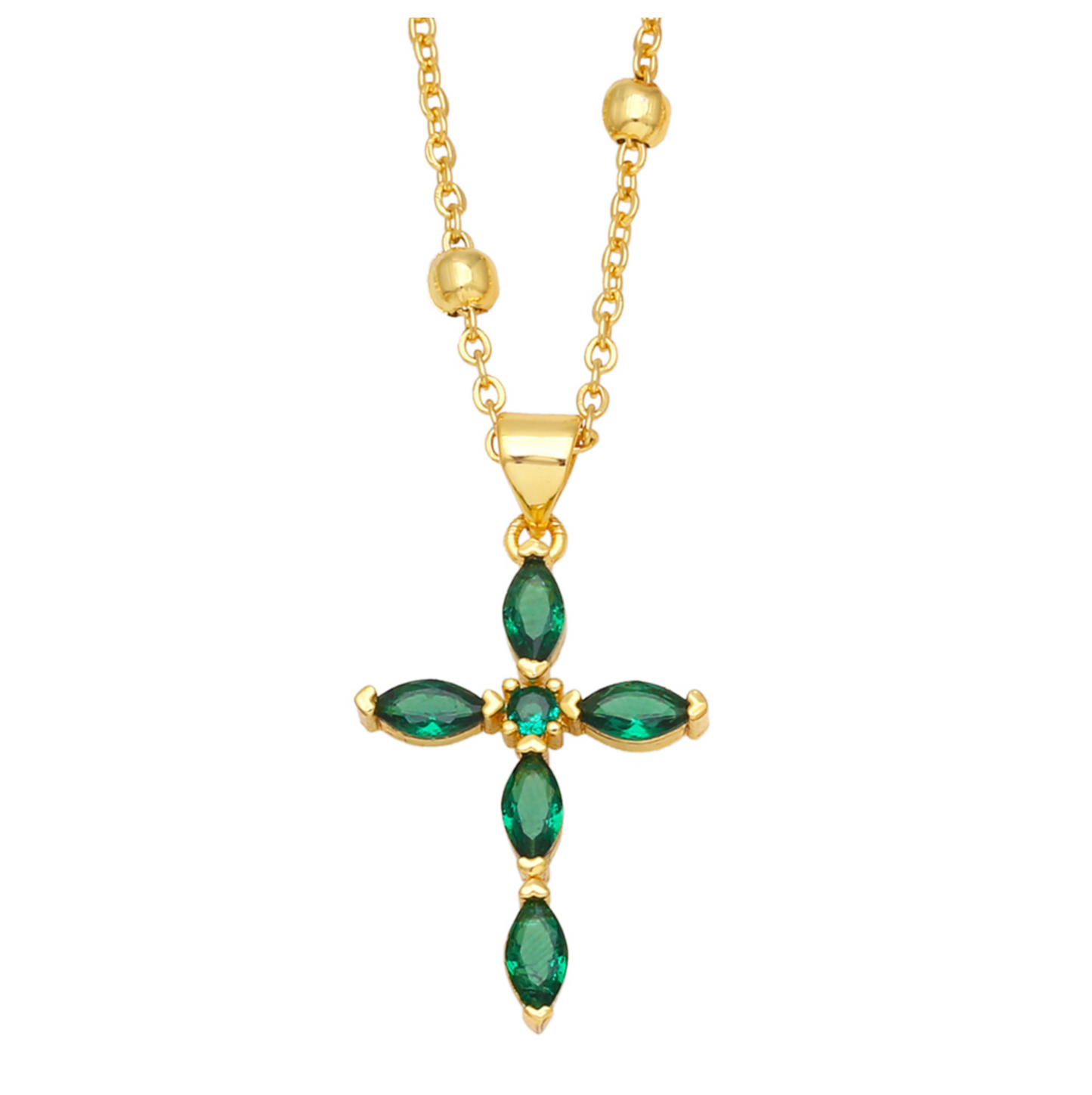 Goldtone & Emerald Green Cz Cross Pendant Necklace