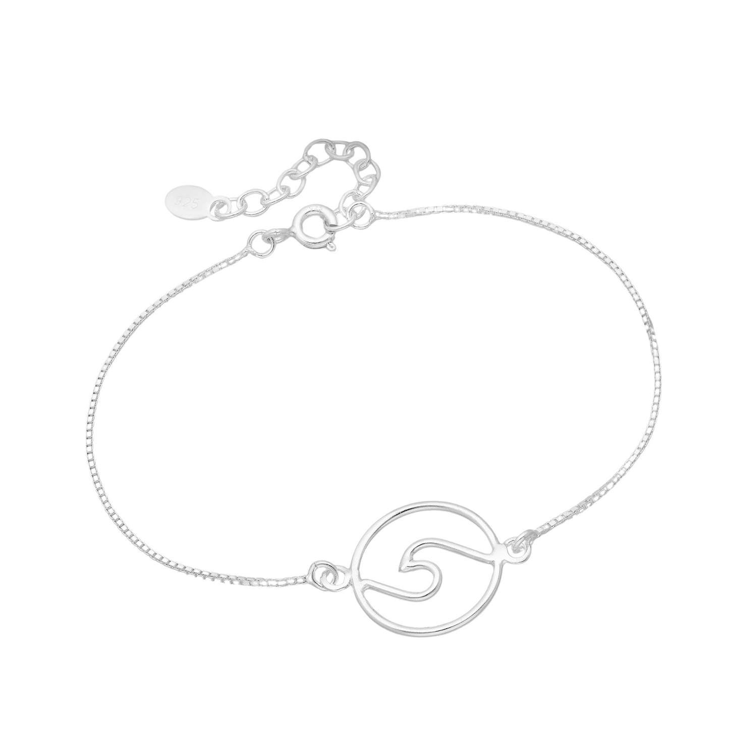 Sterling silver wave bracelet with open circle wave charm on a fine adjustable box chain, minimalist women’s jewellery.