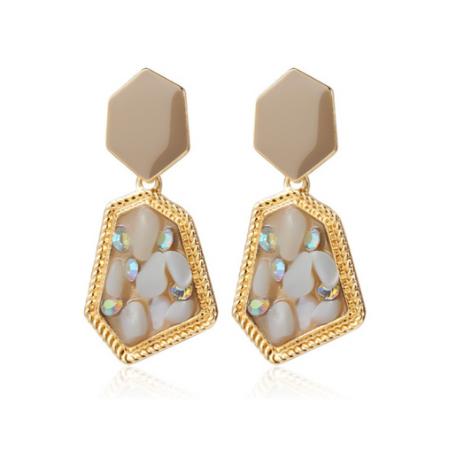 Beige Goldtone Geometric Drop Earrings