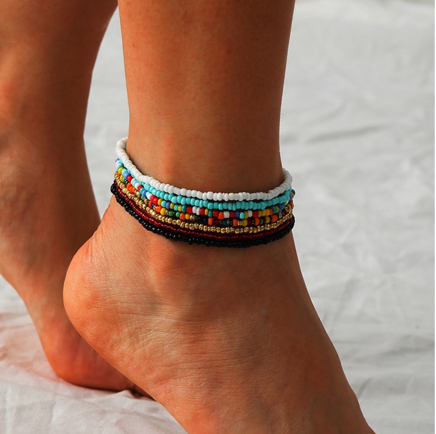 Set Of Beaded Multi Colored Anklets