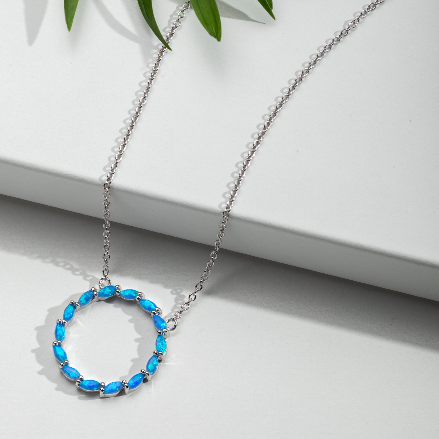 Sterling Silver & Blue Lab-Created  Opal Circle Pendant Necklace