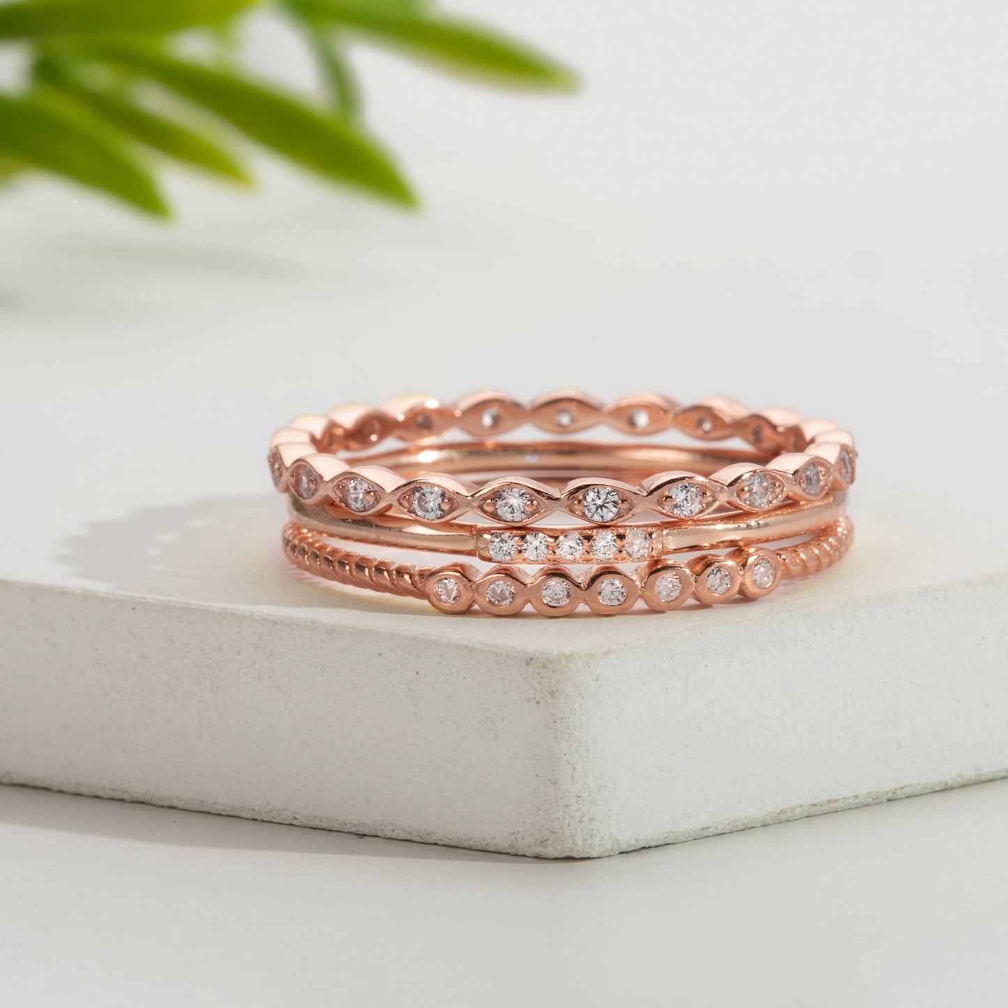 Cubic Zirconia & Rose Gold-Plated Sterling Silver Dainty Stackable Ring Set