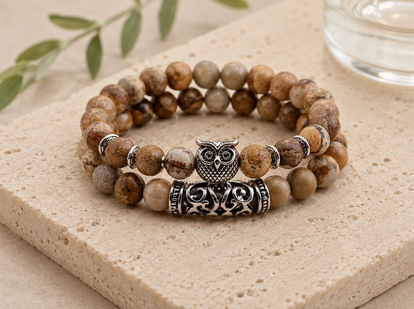 Earth Toned Set Of 2 Beaded Owl Bracelets