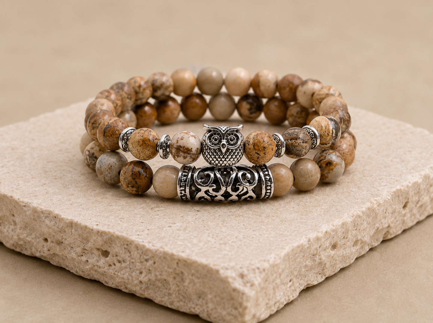 Earth Toned Set Of 2 Beaded Owl Bracelets