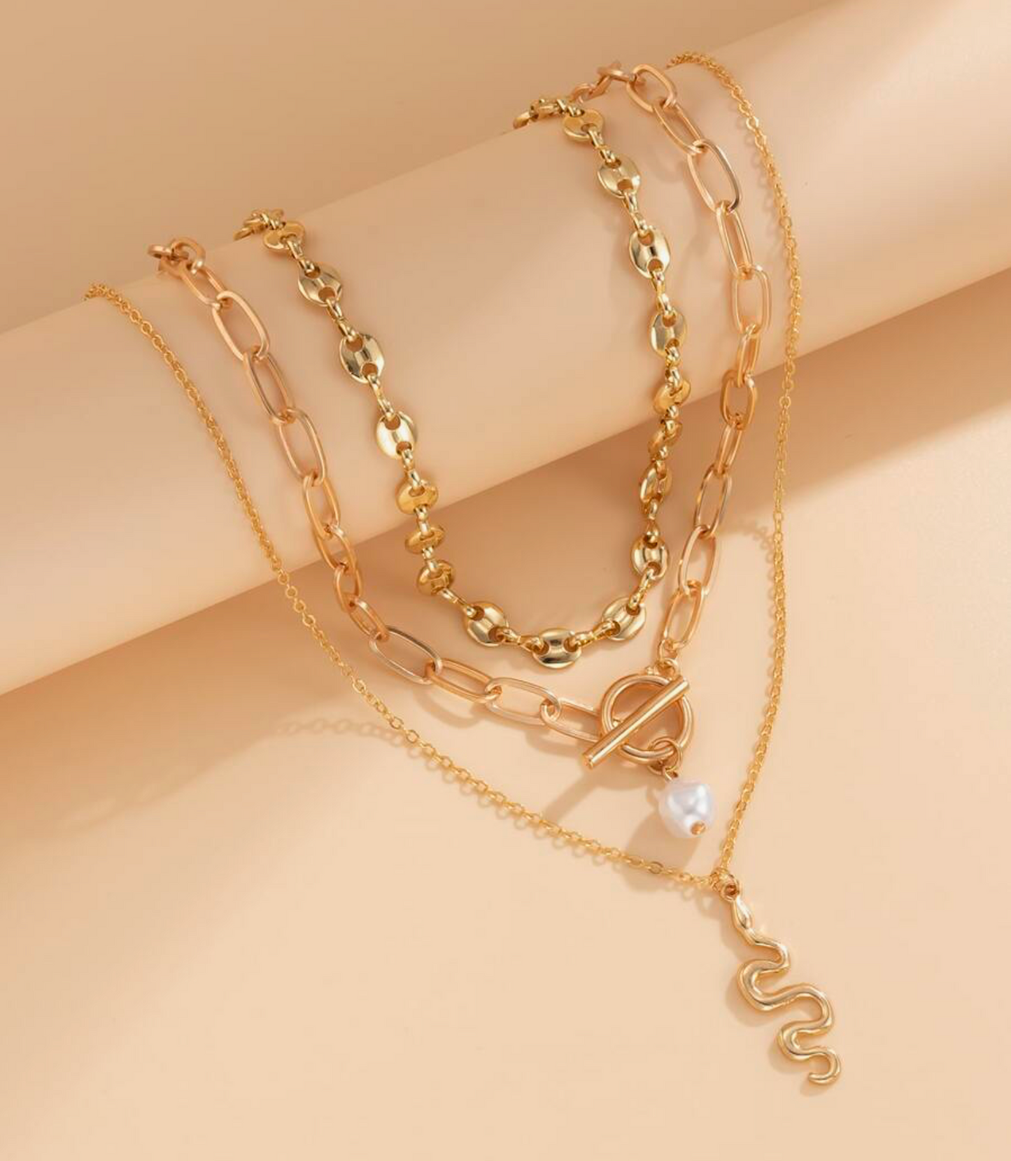 Goldtone Layered Snake Necklace With Imitation Pearl