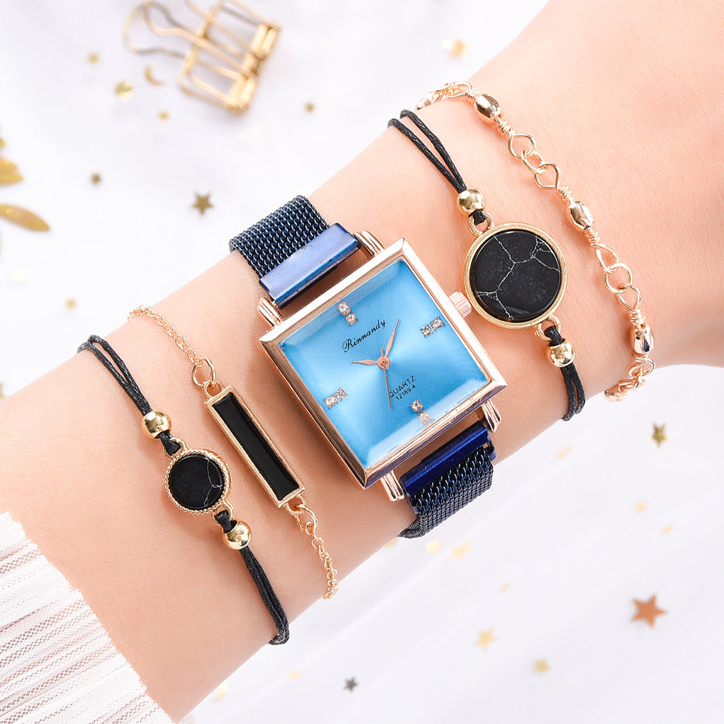 Geometric Faux Leather Strap Watch And Bracelet Set