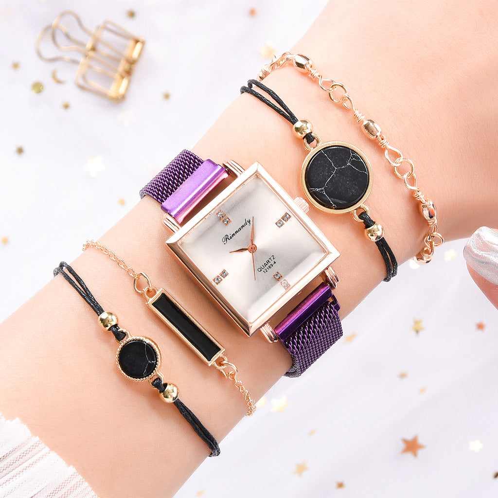 Geometric Faux Leather Strap Watch And Bracelet Set