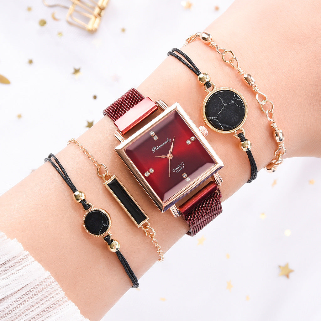 Geometric Faux Leather Strap Watch And Bracelet Set