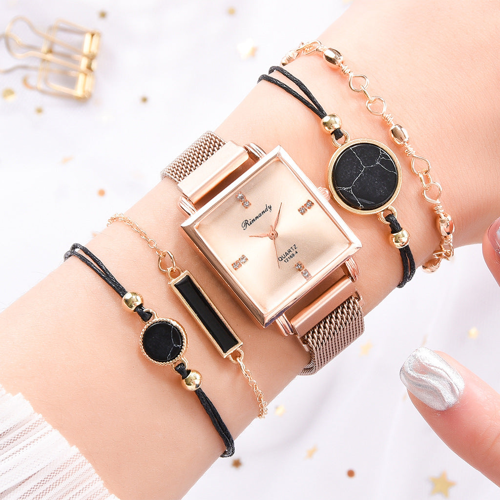 Geometric Faux Leather Strap Watch And Bracelet Set