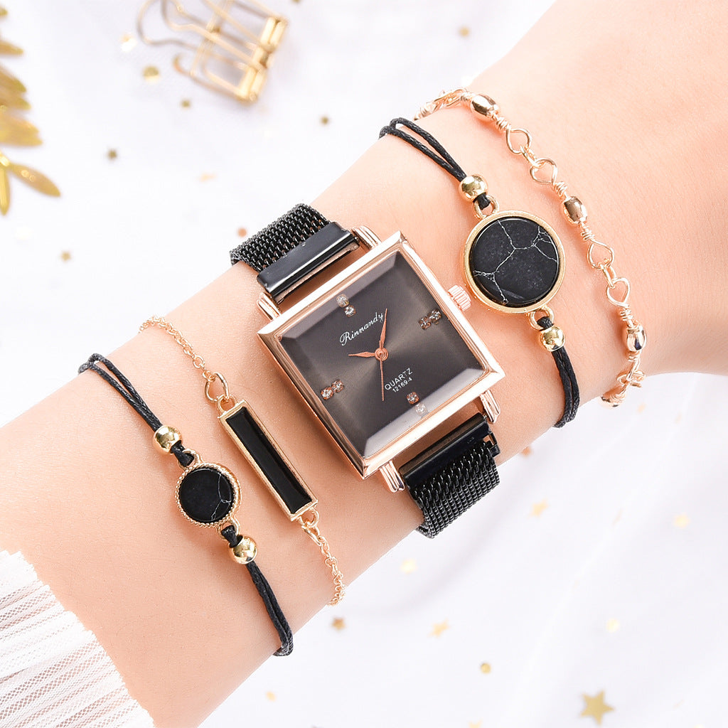 Geometric Faux Leather Strap Watch And Bracelet Set