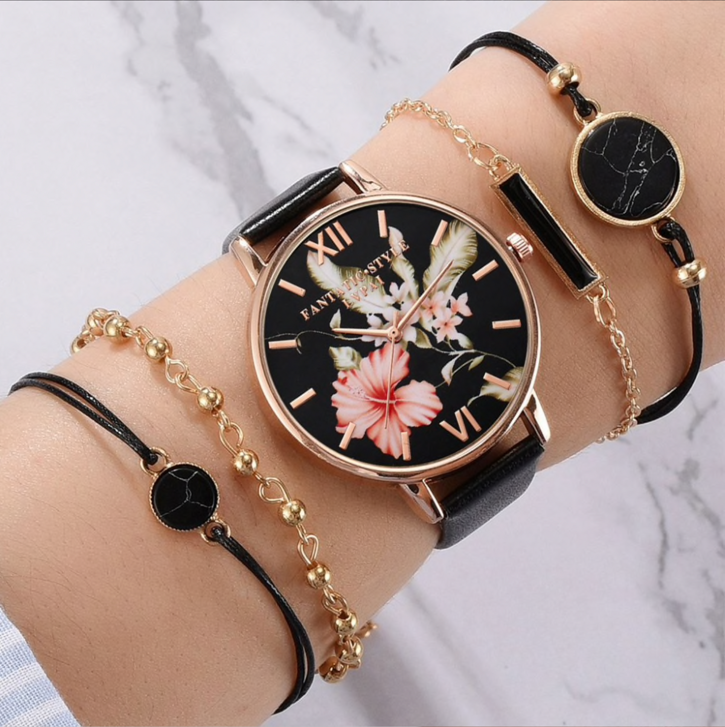 Floral Goldtone Watch And Bracelet Set