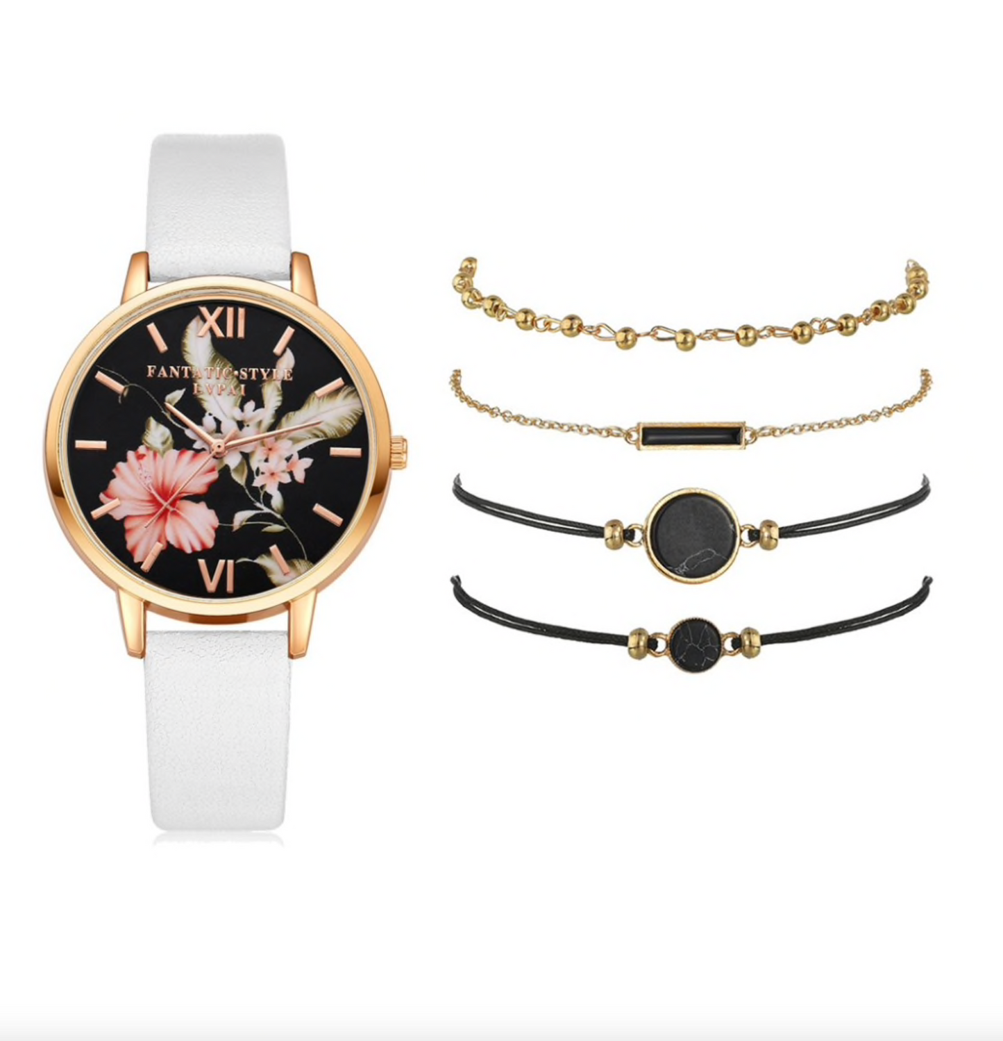 Floral Goldtone Watch And Bracelet Set