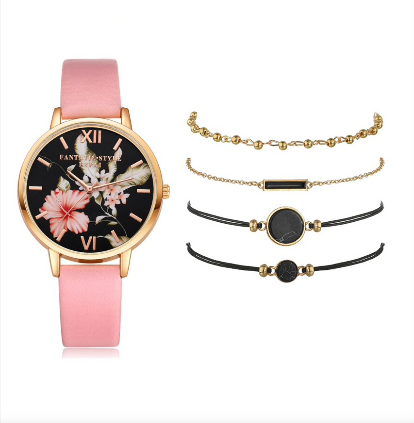 Floral Goldtone Watch And Bracelet Set