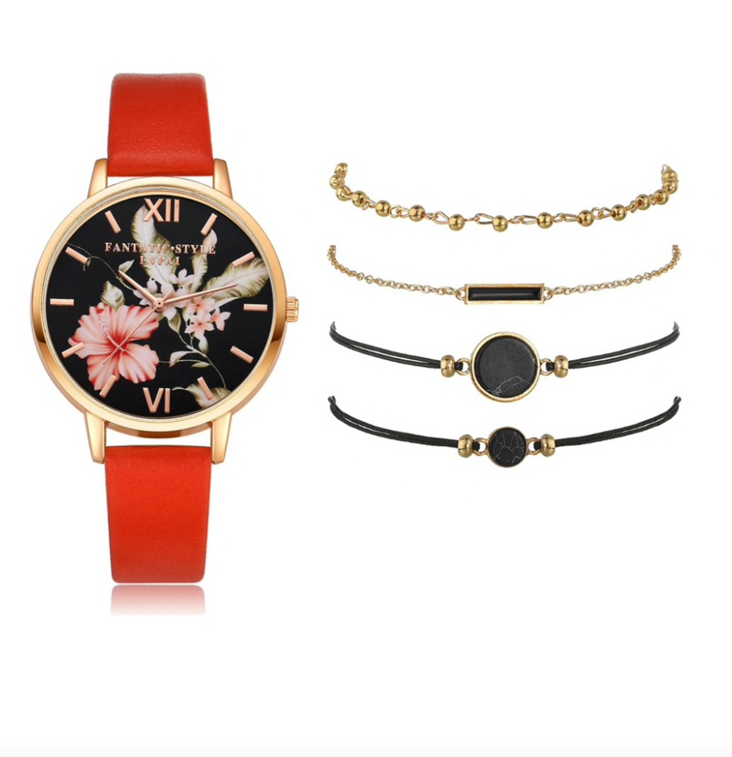 Floral Goldtone Watch And Bracelet Set