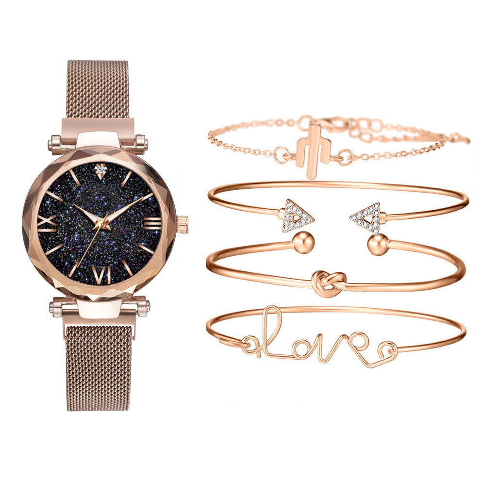 Goldtone Bezelled-edge Sparke Watch Bracelet Set with Roman Numerals