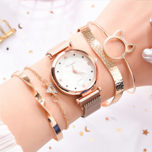 Goldtone Crystal Cat Watch And Bracelet Set