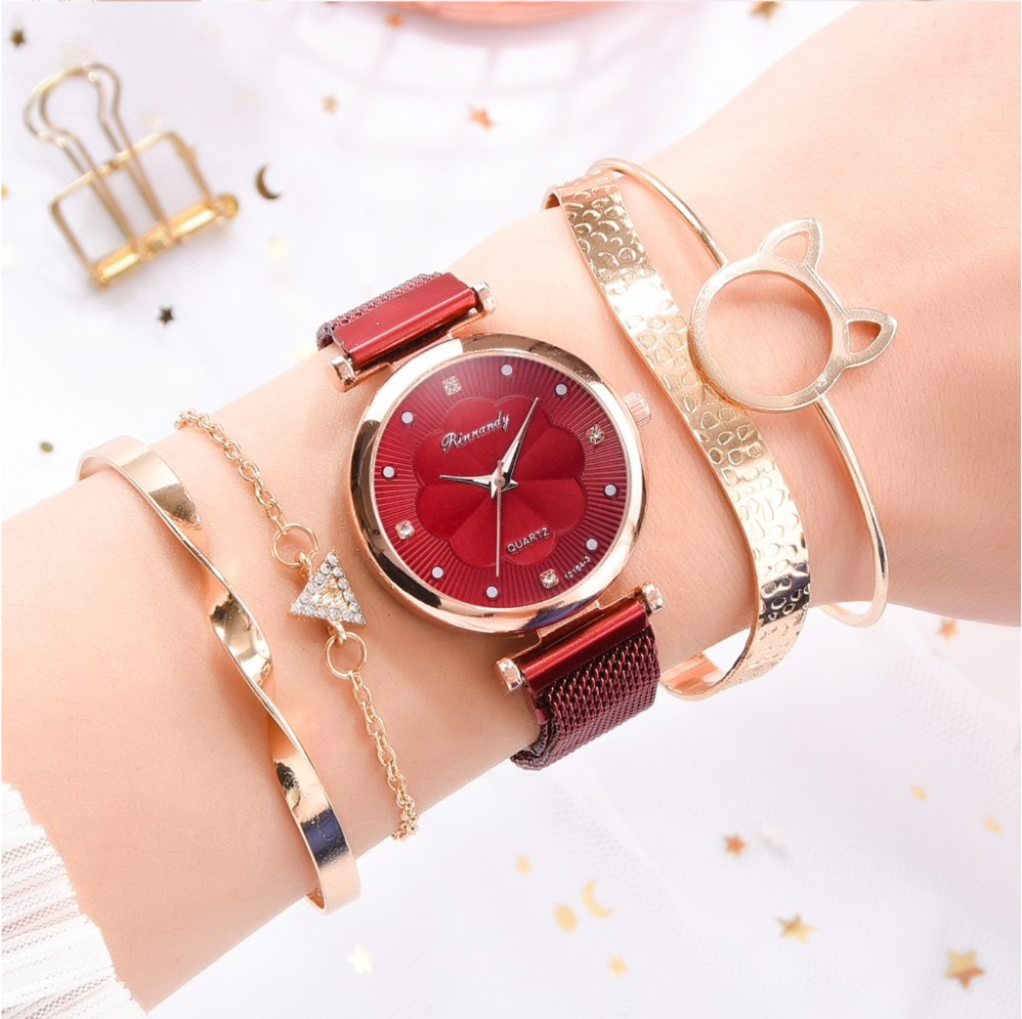 Goldtone Crystal Cat Watch And Bracelet Set