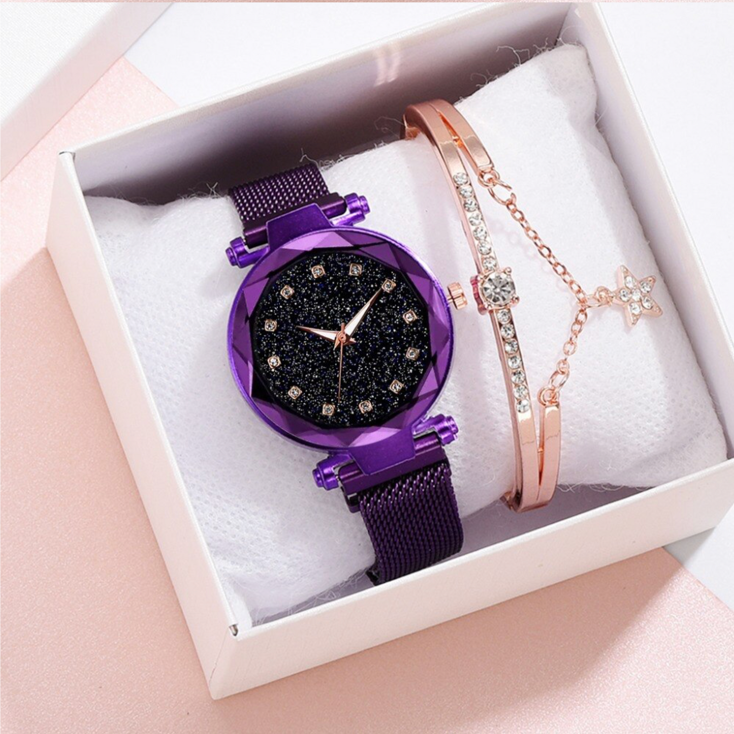 Bezelled-edge Sparkle Watch with Star Charm Bracelet