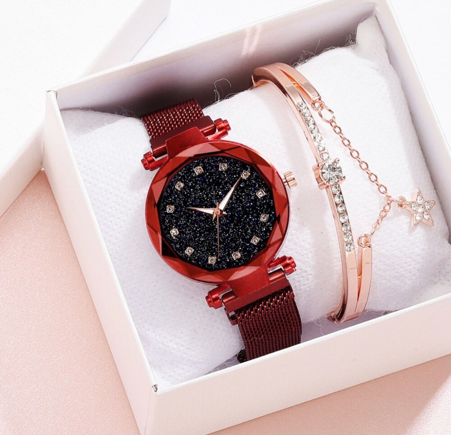 Bezelled-edge Sparkle Watch with Star Charm Bracelet