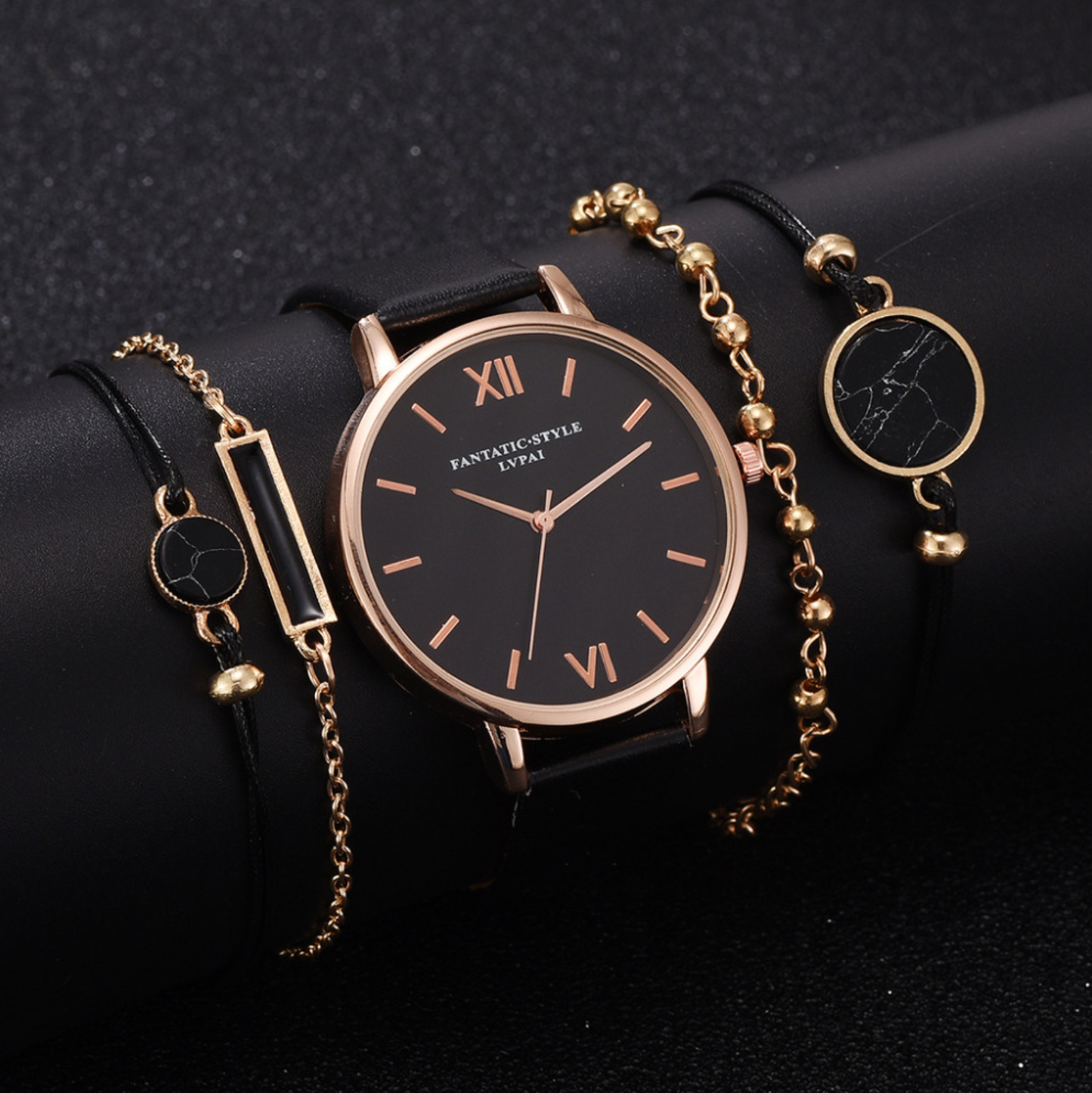 Black Goldtone Fashion Watch And Bracelet Set