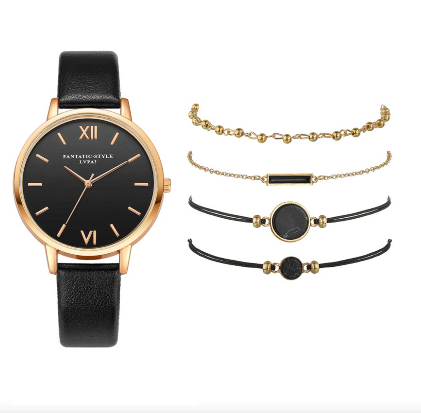 Black Goldtone Fashion Watch And Bracelet Set