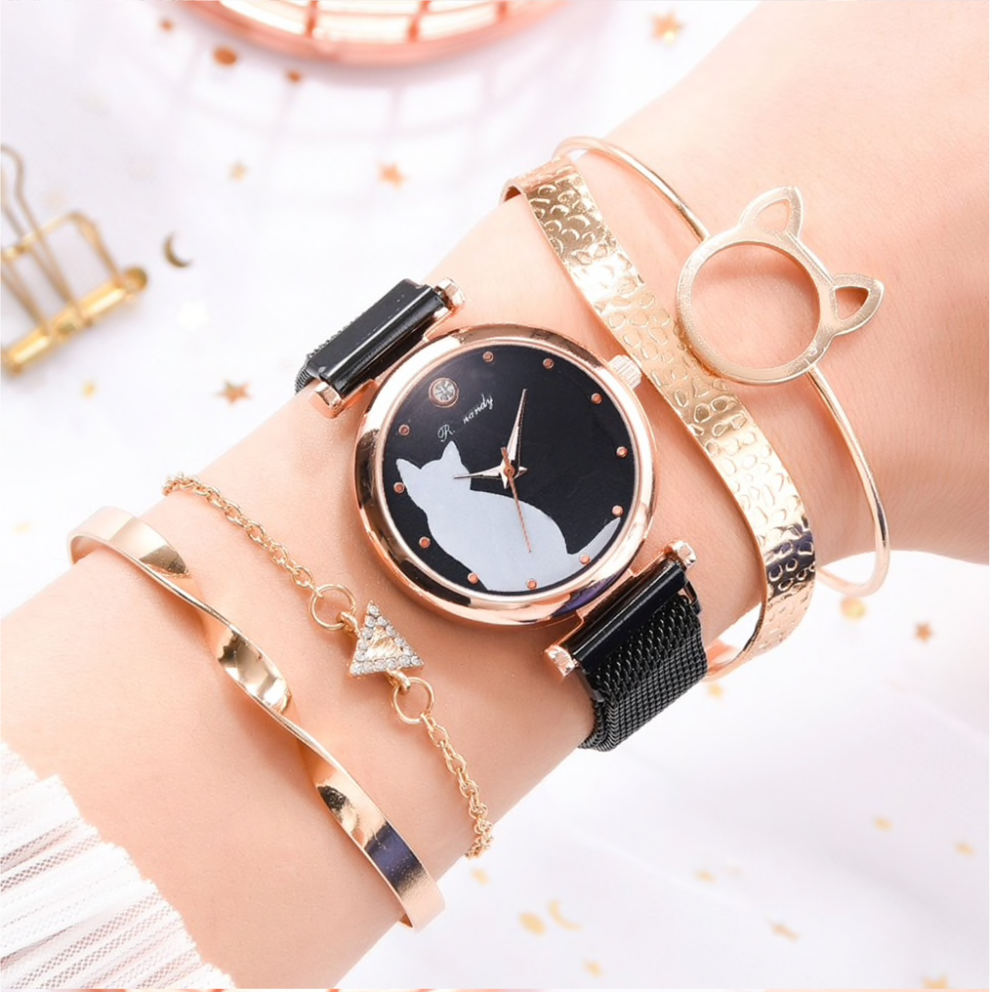 Rose and Goldtone Cat Watch Bracelet Set