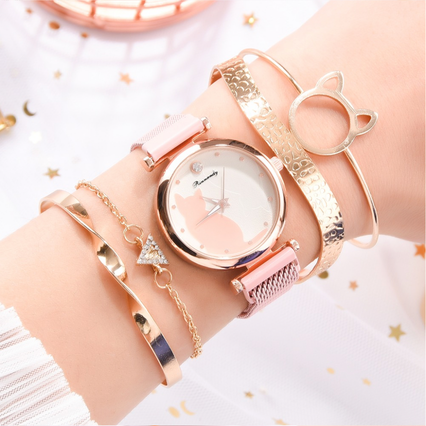 Rose and Goldtone Cat Watch Bracelet Set