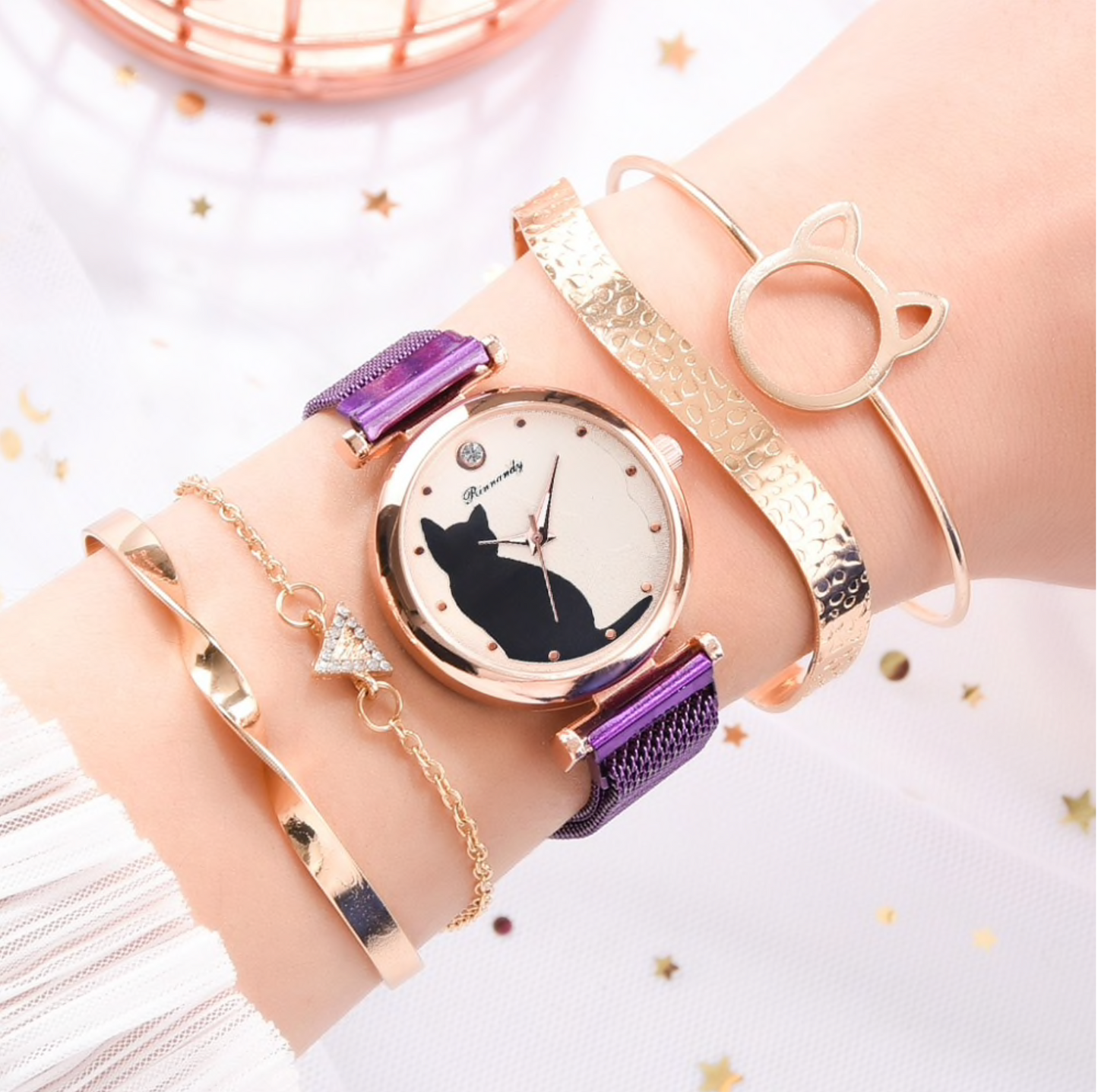 Rose and Goldtone Cat Watch Bracelet Set