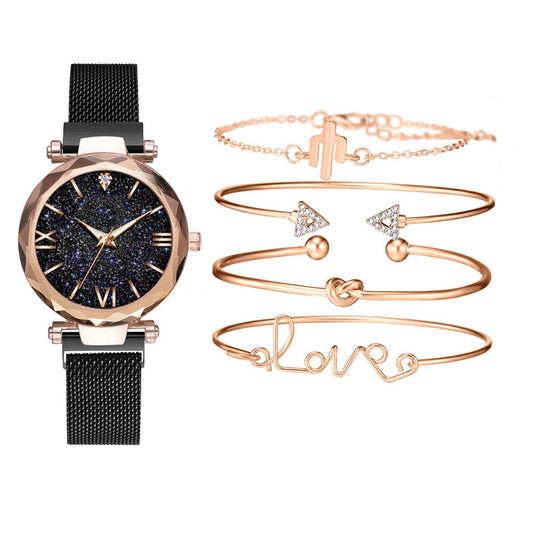 Goldtone Bezelled-edge Sparke Watch Bracelet Set with Roman Numerals